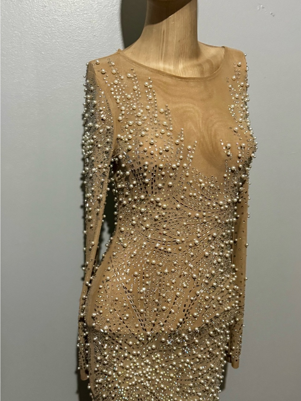 Embellished Pearl Homecoming Birthday Mesh Nude Pearl Bodycon Cocktail Dress